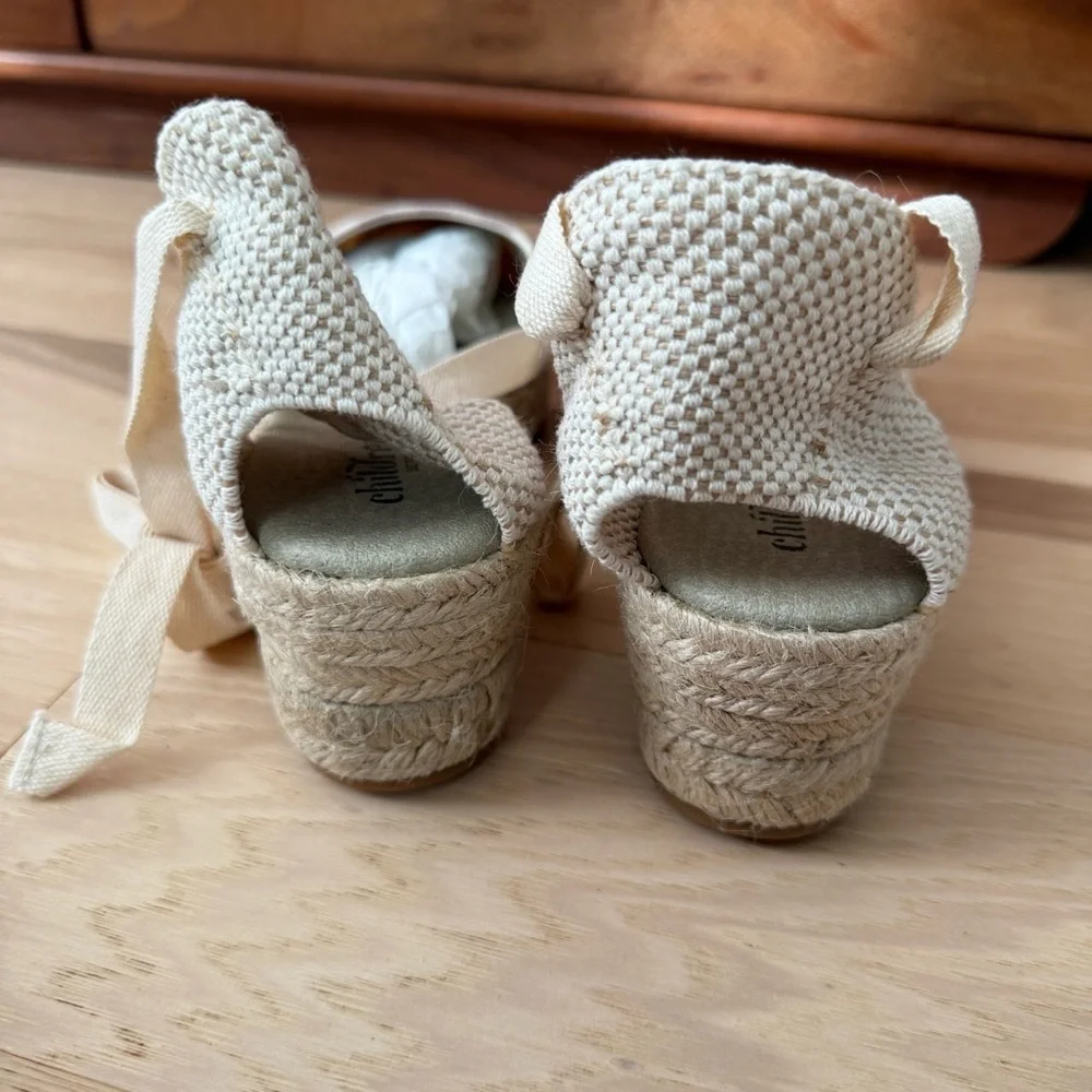 Childrenchic Canvas Stylish Beige Checkered Espadrille Wedges Size 40 (US 8)